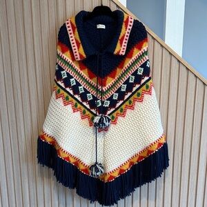 Saint Laurent Multicolor Knit Fringe Cape (Navy, Cream, Red, Yellow, Green)